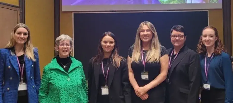 Photograph from left to right showing Dr Joanne Kenney, Professor Pat O’Connor, Eva Woods, Julianna Aitken, Dr Cathy Corcoran, Danielle Briody - at the Women in Research Ireland 2025 Annual Research Day